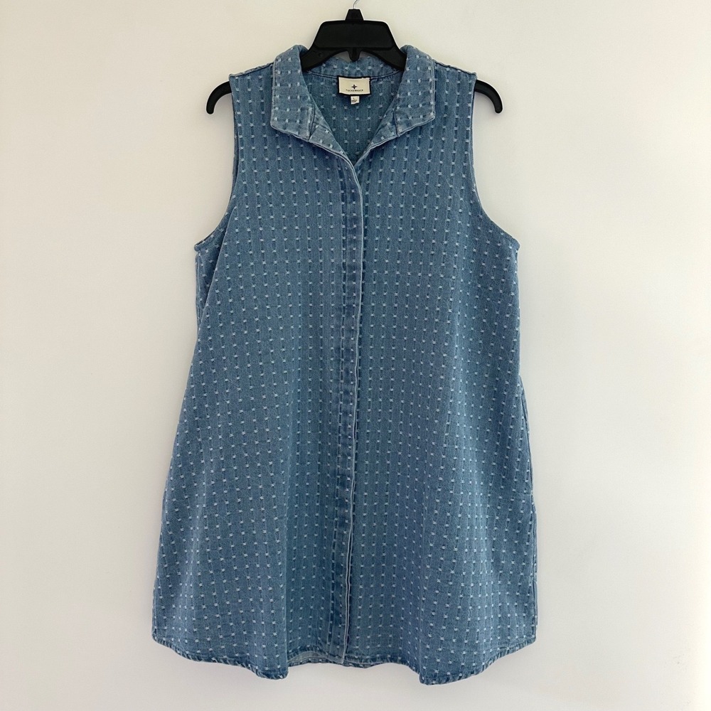 Tuckernuck Light Wash Denim Dot Sleeveless Charlie Dress Large Mini Shirt Dress